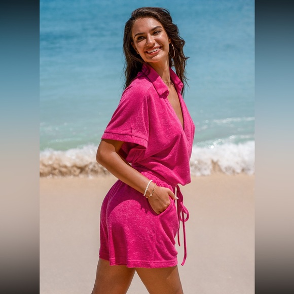 NWT CUPSHE Pink Collared Plunging Wide Leg Romper - Picture 3 of 3